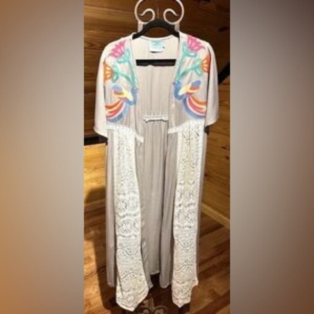 Judith March Bird Embroidered Lace Trim Maxi Duster Kimono L Grey Boho Festival - Picture 9 of 9